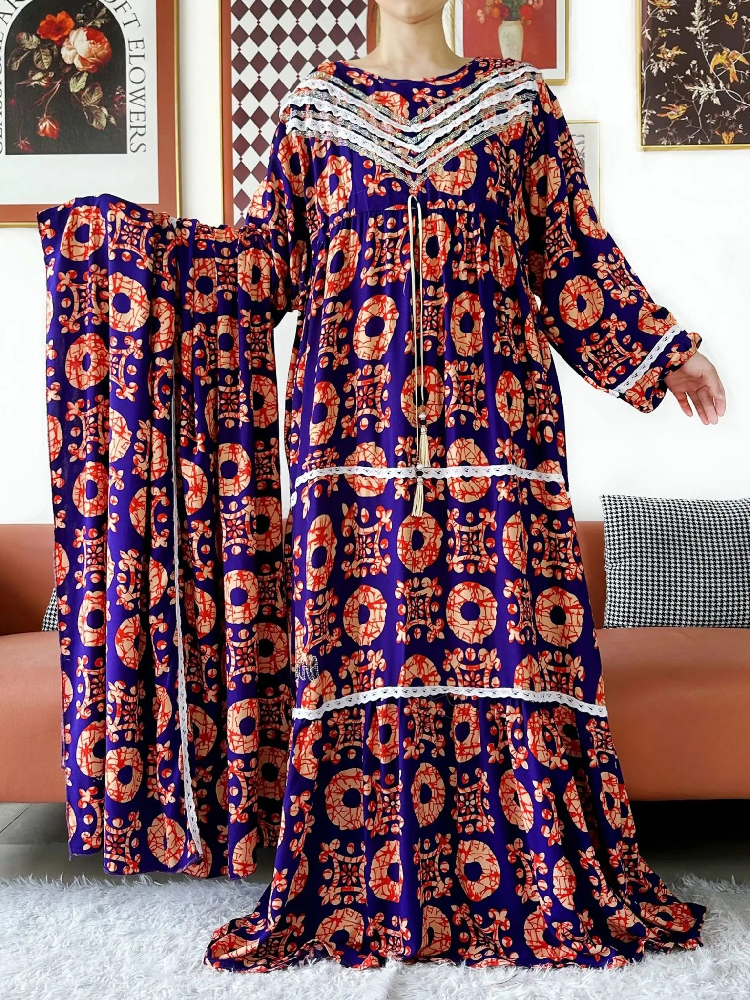 2025 High Grade Fabric KASHKHA Women Dresses Long Sleeve Dress Cotton Abaya Big Scarf Boubou Maxi Islam Women Dress African