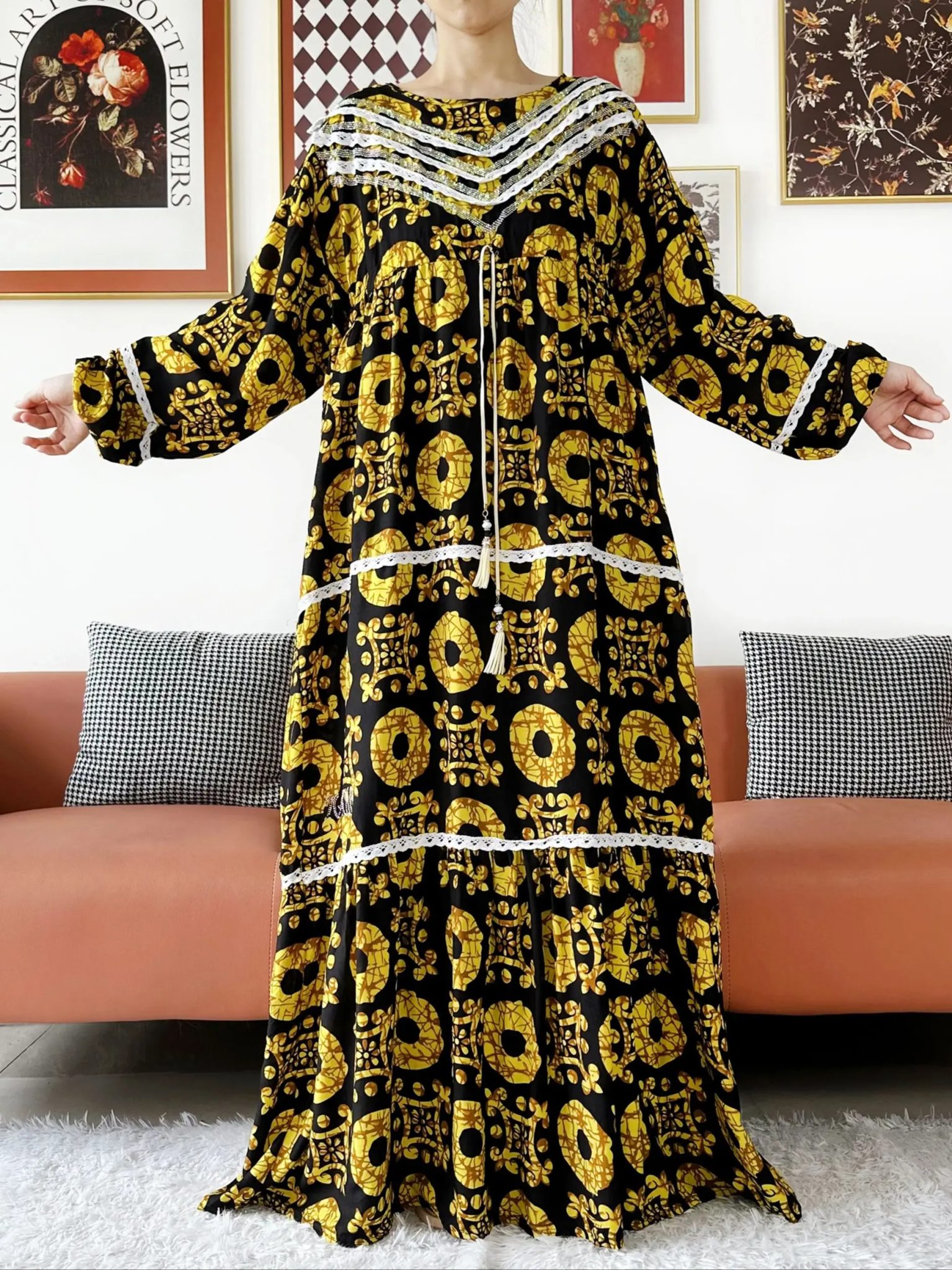 2025 High Grade Fabric KASHKHA Women Dresses Long Sleeve Dress Cotton Abaya Big Scarf Boubou Maxi Islam Women Dress African