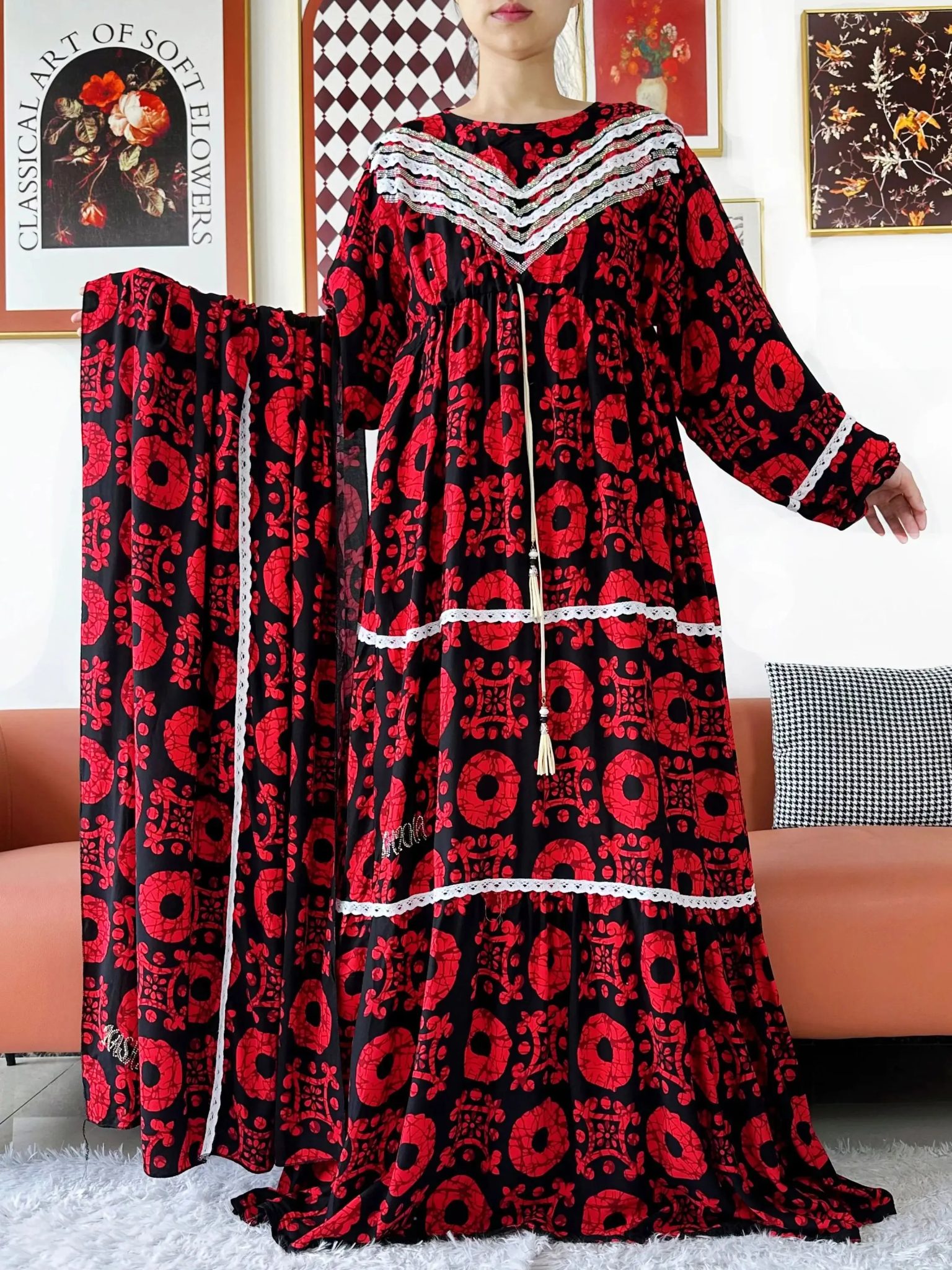 2025 High Grade Fabric KASHKHA Women Dresses Long Sleeve Dress Cotton Abaya Big Scarf Boubou Maxi Islam Women Dress African