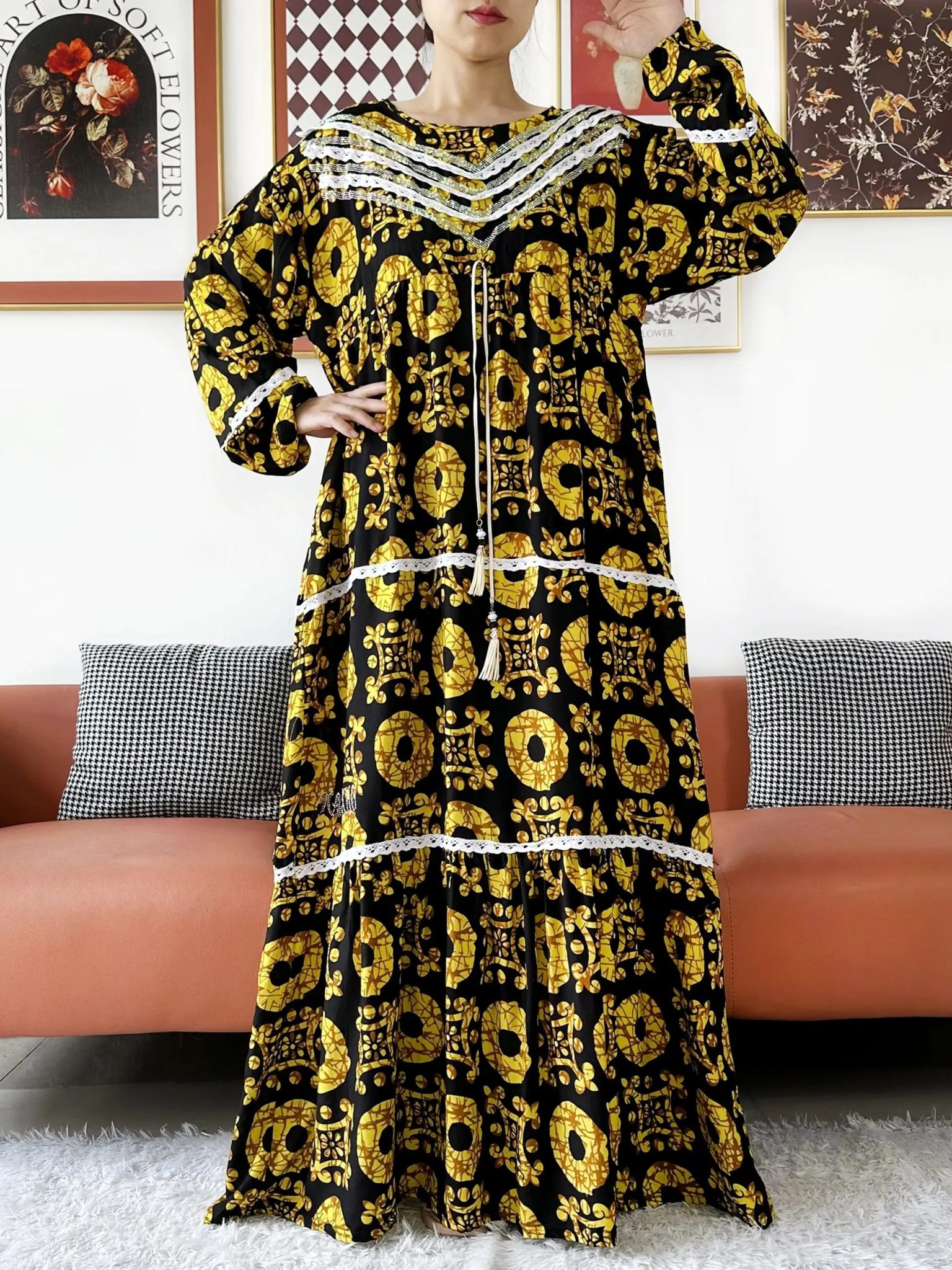 2025 High Grade Fabric KASHKHA Women Dresses Long Sleeve Dress Cotton Abaya Big Scarf Boubou Maxi Islam Women Dress African