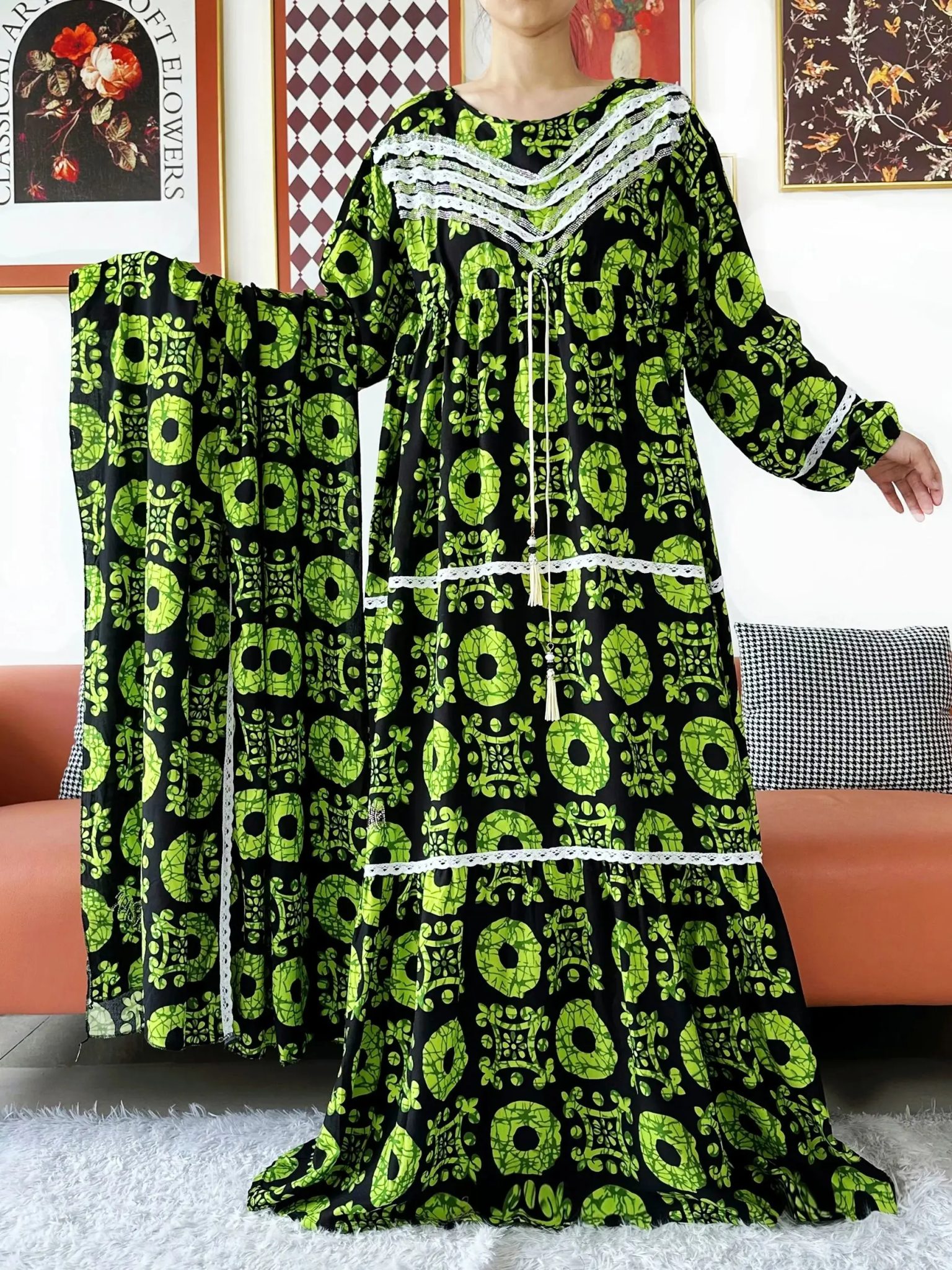 2025 High Grade Fabric KASHKHA Women Dresses Long Sleeve Dress Cotton Abaya Big Scarf Boubou Maxi Islam Women Dress African