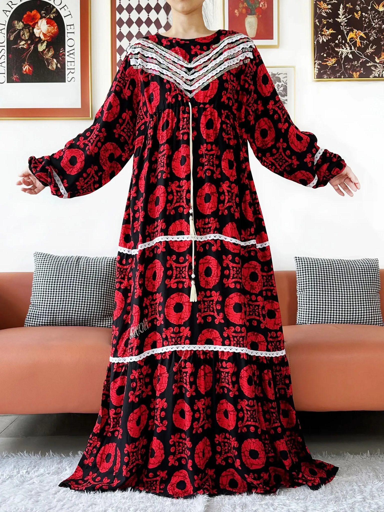 2025 High Grade Fabric KASHKHA Women Dresses Long Sleeve Dress Cotton Abaya Big Scarf Boubou Maxi Islam Women Dress African
