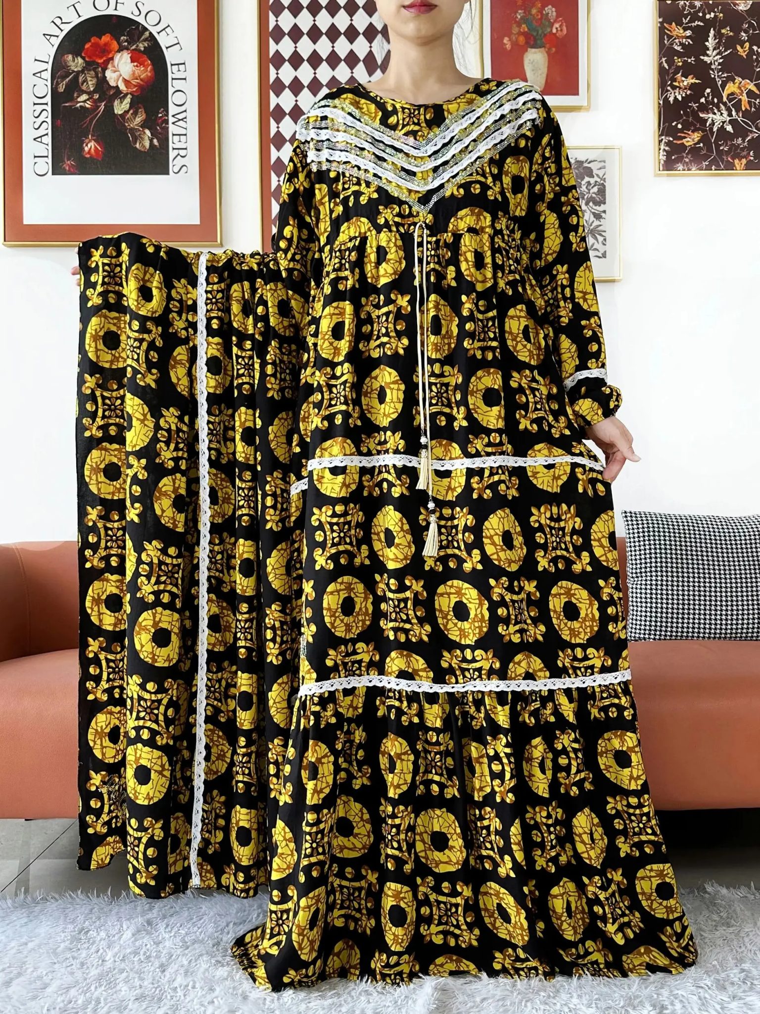 2025 High Grade Fabric KASHKHA Women Dresses Long Sleeve Dress Cotton Abaya Big Scarf Boubou Maxi Islam Women Dress African