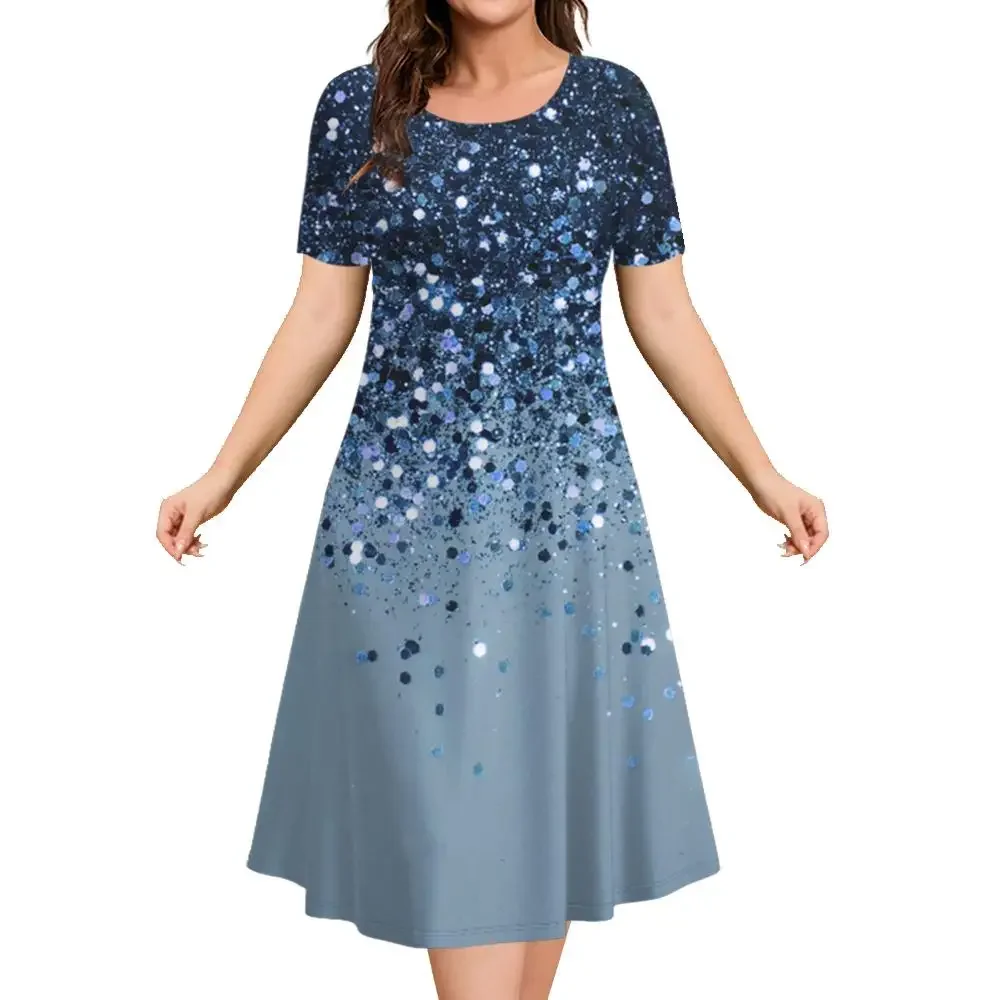 Fashionable and elegant women's dress short sleeved O-neck casual vacation party dress 3D printed A-line dress