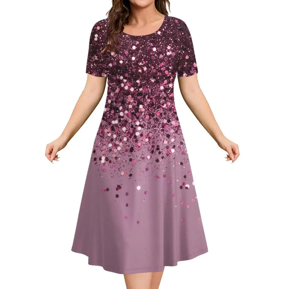 Fashionable and elegant women's dress short sleeved O-neck casual vacation party dress 3D printed A-line dress