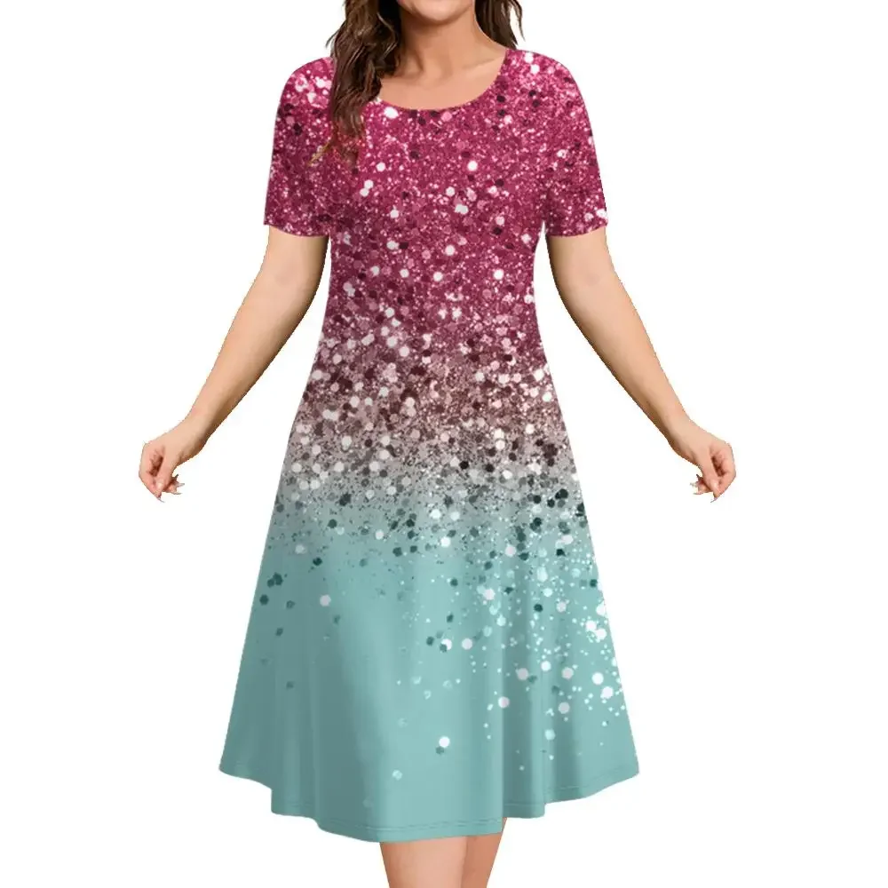 Fashionable and elegant women's dress short sleeved O-neck casual vacation party dress 3D printed A-line dress