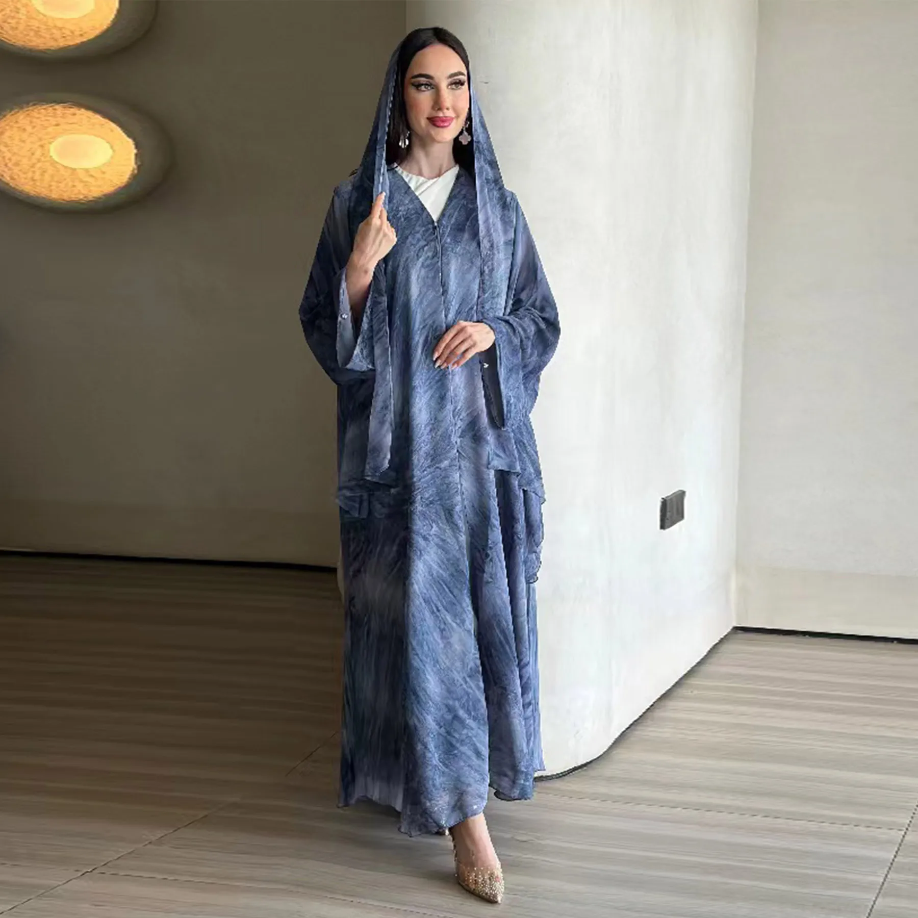 UNI Middle Eastern Tie Dye Loose Abaya Full Sleeve Open Front Abayas Turkey Kaftan Arabian Maxi Dresses Women Jilbabs With Hijab