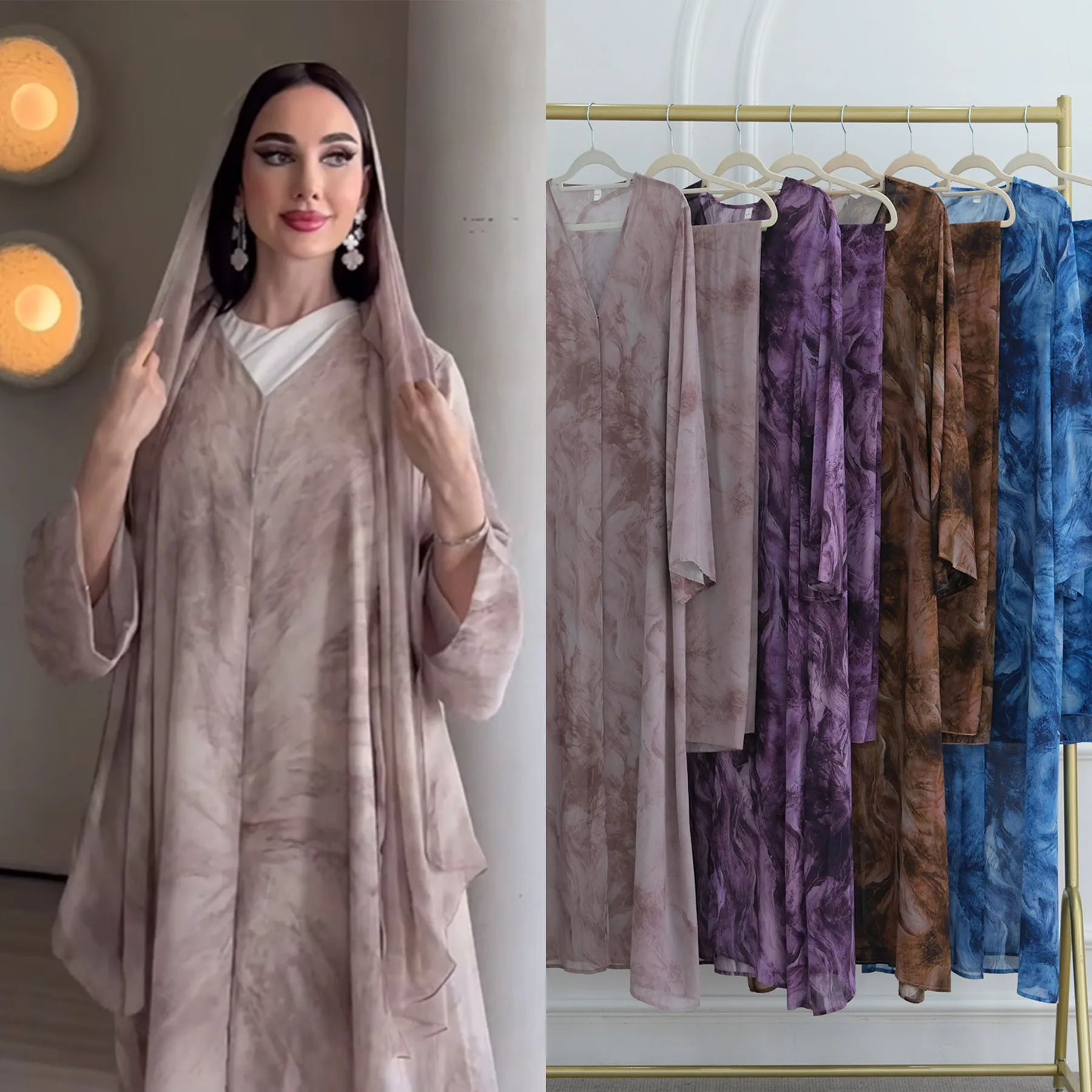 UNI Middle Eastern Tie Dye Loose Abaya Full Sleeve Open Front Abayas Turkey Kaftan Arabian Maxi Dresses Women Jilbabs With Hijab