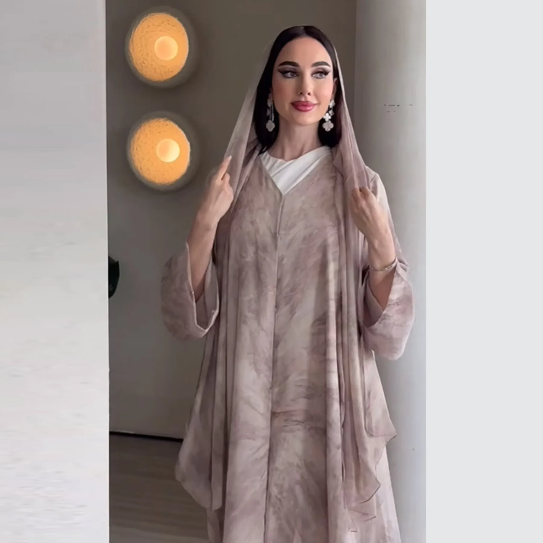 UNI Middle Eastern Tie Dye Loose Abaya Full Sleeve Open Front Abayas Turkey Kaftan Arabian Maxi Dresses Women Jilbabs With Hijab
