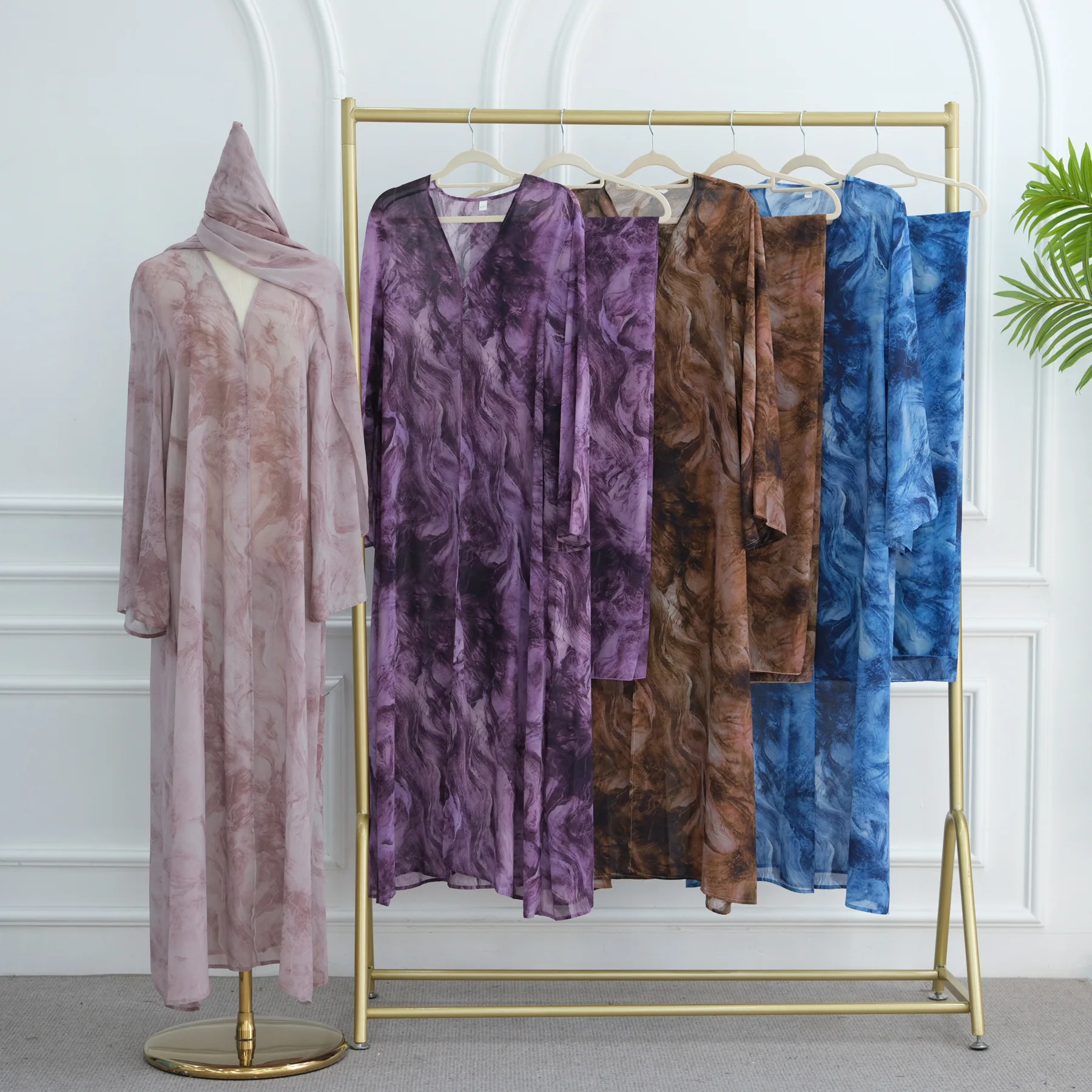 UNI Middle Eastern Tie Dye Loose Abaya Full Sleeve Open Front Abayas Turkey Kaftan Arabian Maxi Dresses Women Jilbabs With Hijab