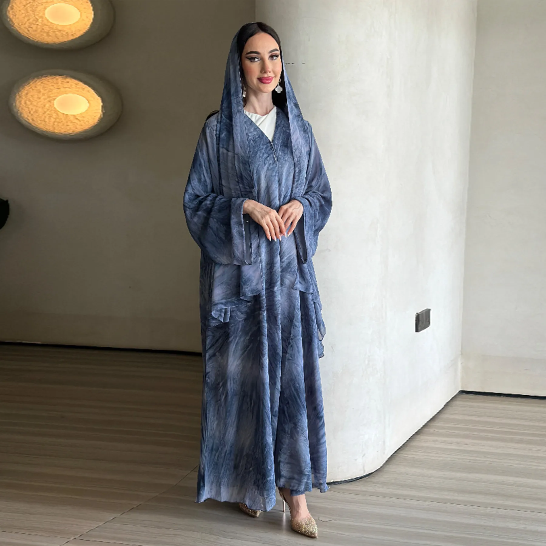 UNI Middle Eastern Tie Dye Loose Abaya Full Sleeve Open Front Abayas Turkey Kaftan Arabian Maxi Dresses Women Jilbabs With Hijab