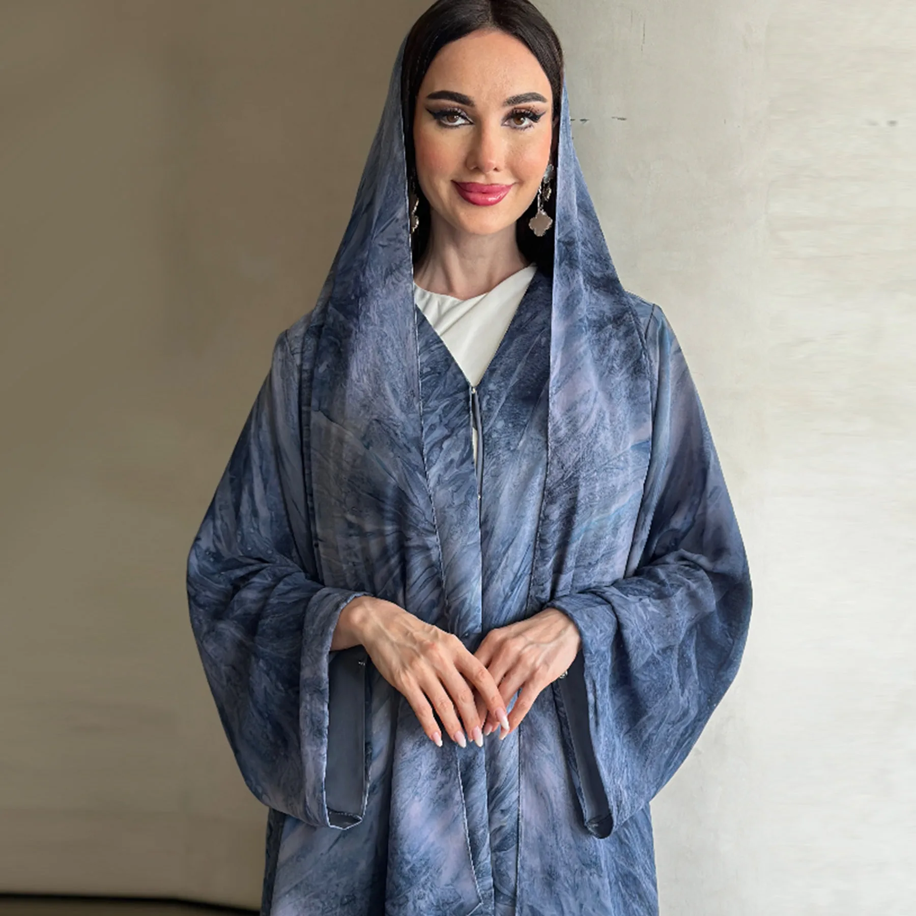 UNI Middle Eastern Tie Dye Loose Abaya Full Sleeve Open Front Abayas Turkey Kaftan Arabian Maxi Dresses Women Jilbabs With Hijab