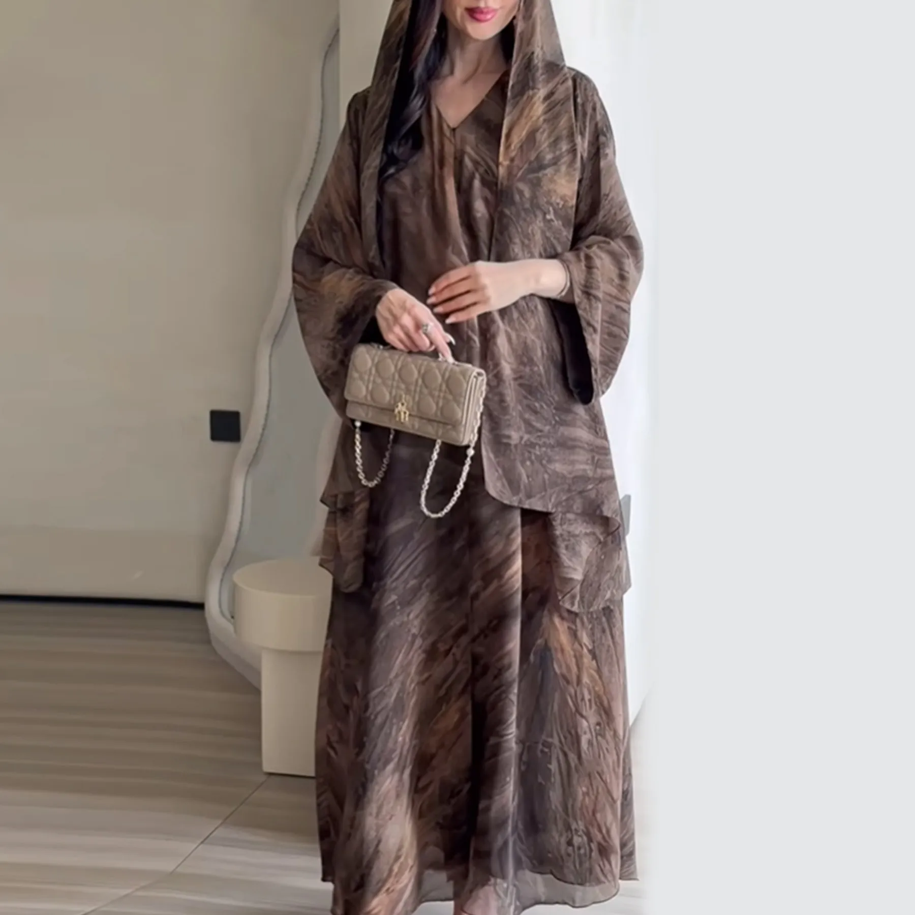 UNI Middle Eastern Tie Dye Loose Abaya Full Sleeve Open Front Abayas Turkey Kaftan Arabian Maxi Dresses Women Jilbabs With Hijab
