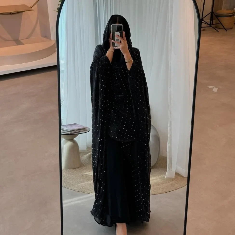 Muslim Dress Women Abaya with Scarf Diamond 2 Piece Set Party Headscarf  Arab Long Robe Morocco Dubai Kaftan Vestidos Jalabiya