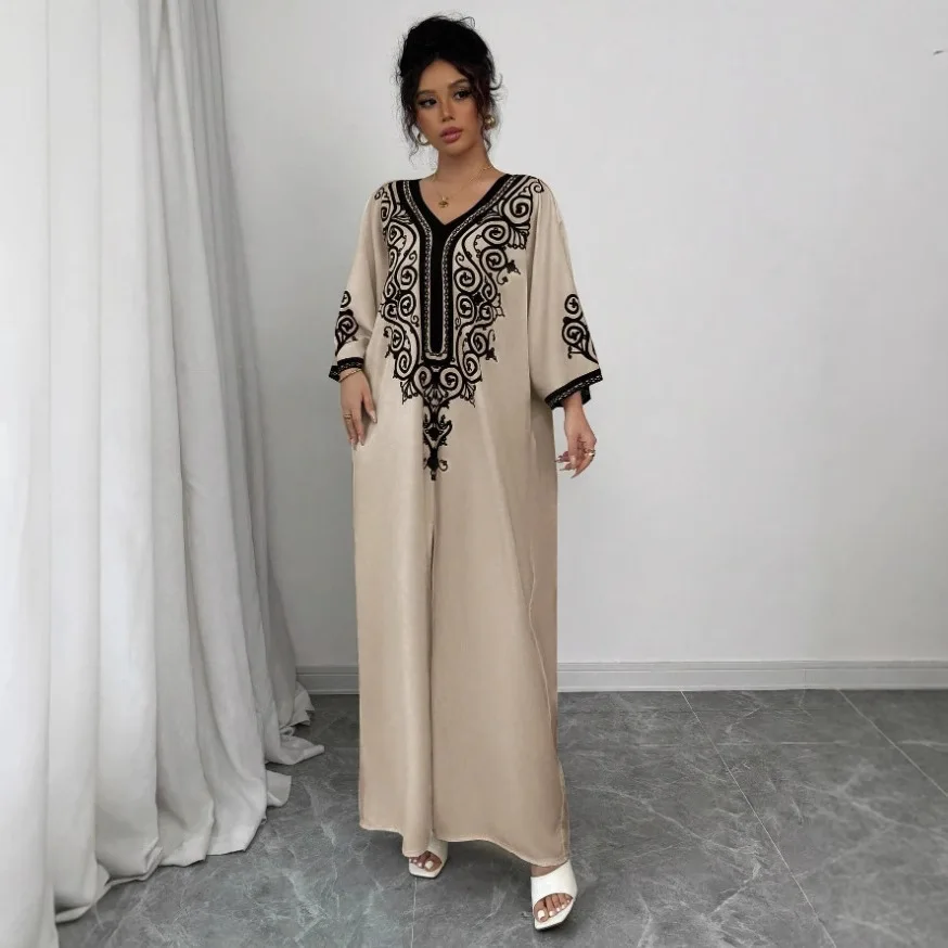 Eid Women Dress Muslim Abaya V Neck Loose Robe Party Jalabiya Ramadan Long Dresses  Vestidos Largos Kaftan Arab Morocco Kaftan