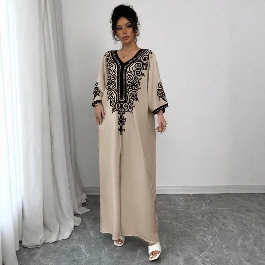 Eid Women Dress Muslim Abaya V Neck Loose Robe Party Jalabiya Ramadan Long Dresses  Vestidos Largos Kaftan Arab Morocco Kaftan