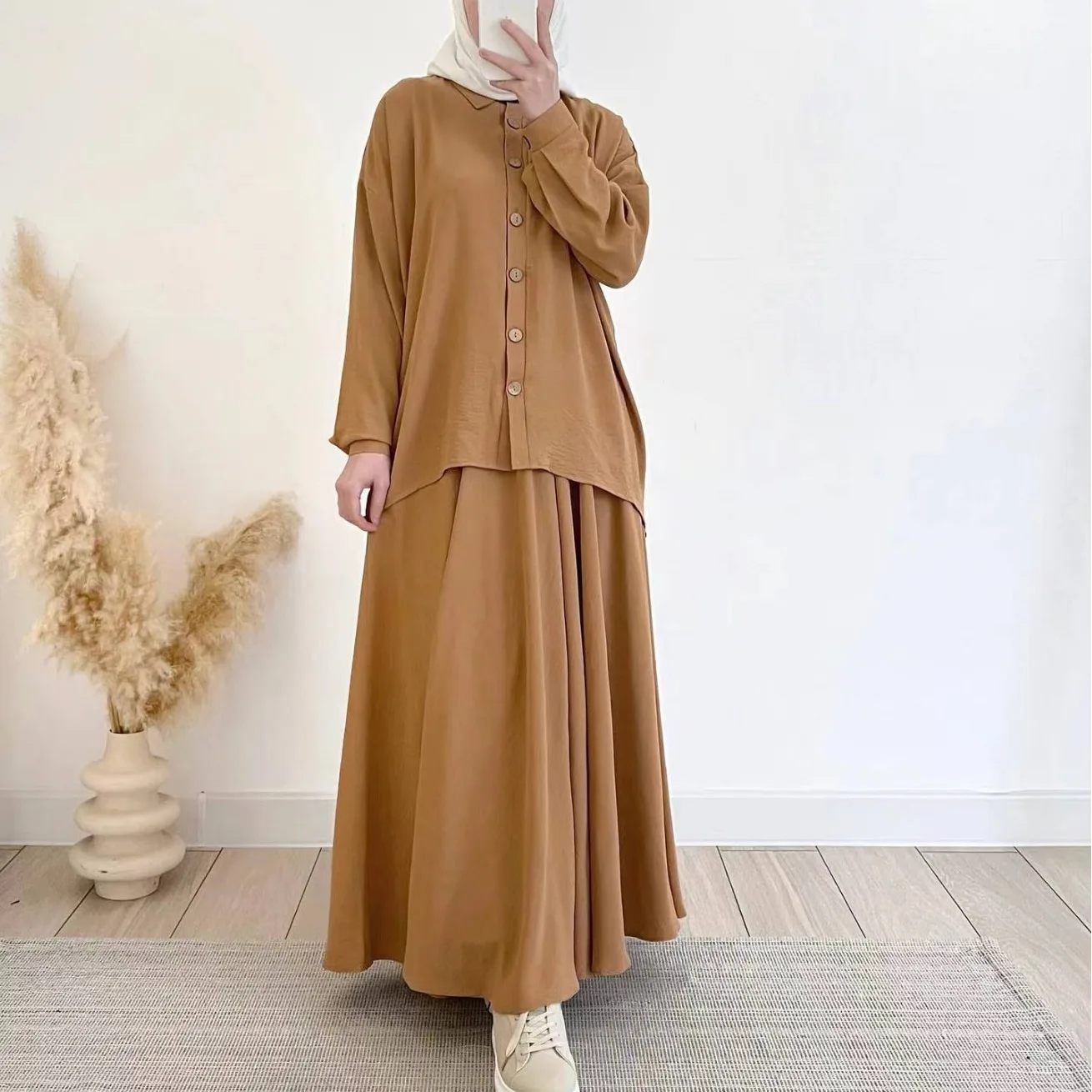 Muslim Suit Women Top Blouse Skirt Ensemble Single Breasted Morocco Dubai Islam Long Skirts Arabic Outfits Ramadan 2 Piece Set