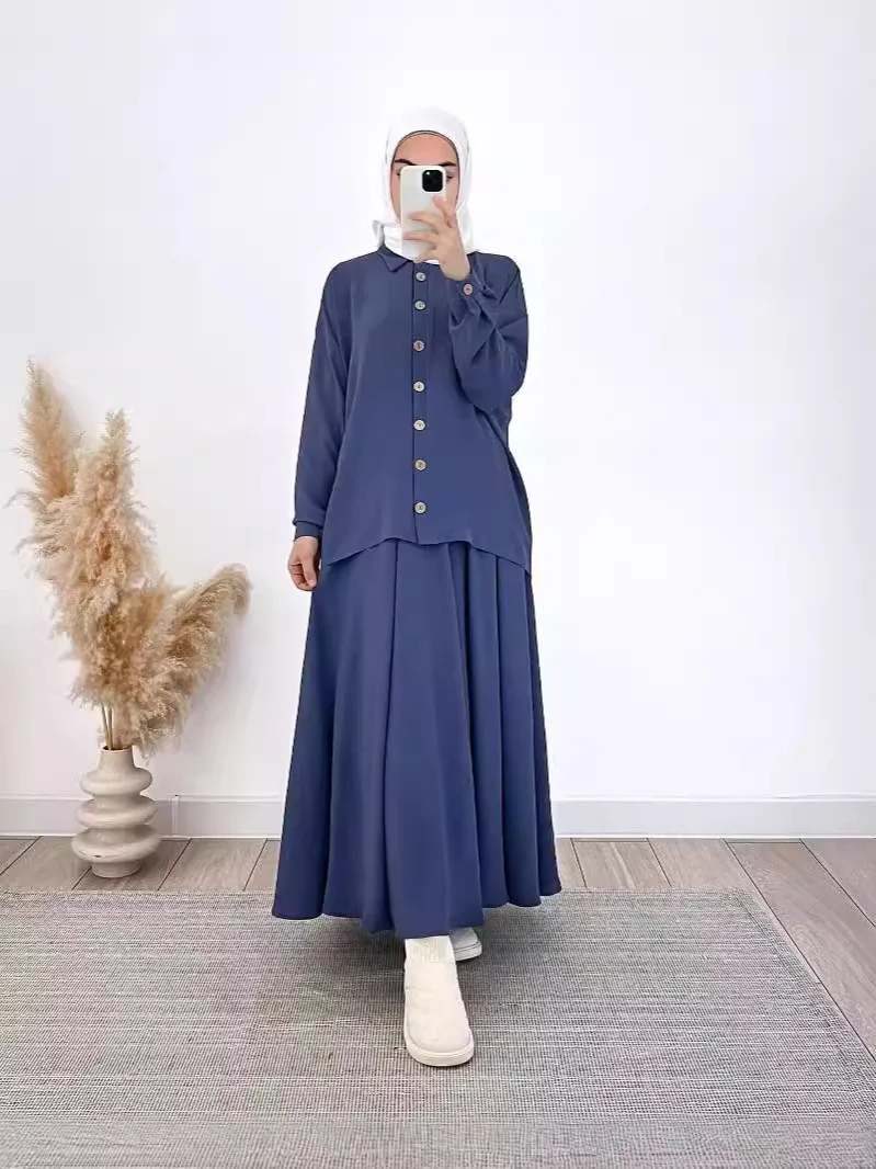 Muslim Suit Women Top Blouse Skirt Ensemble Single Breasted Morocco Dubai Islam Long Skirts Arabic Outfits Ramadan 2 Piece Set