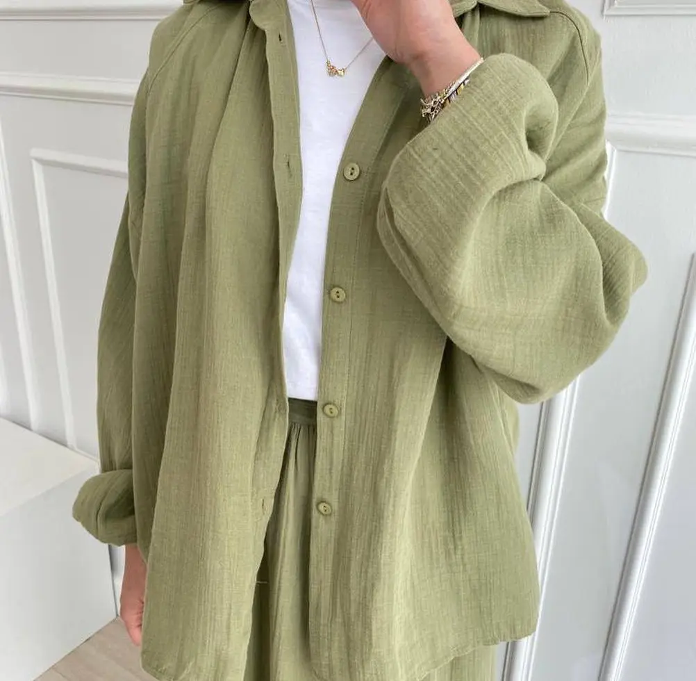 2 Piece Long Sleeve Shirt+Skirts Eid Muslim Women Elegant Sets Abaya Dubai Turkey Islamic Casual Tops Solid Color Skirt Fashion