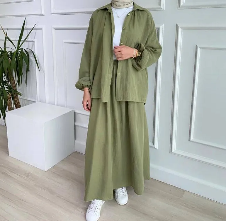 2 Piece Long Sleeve Shirt+Skirts Eid Muslim Women Elegant Sets Abaya Dubai Turkey Islamic Casual Tops Solid Color Skirt Fashion