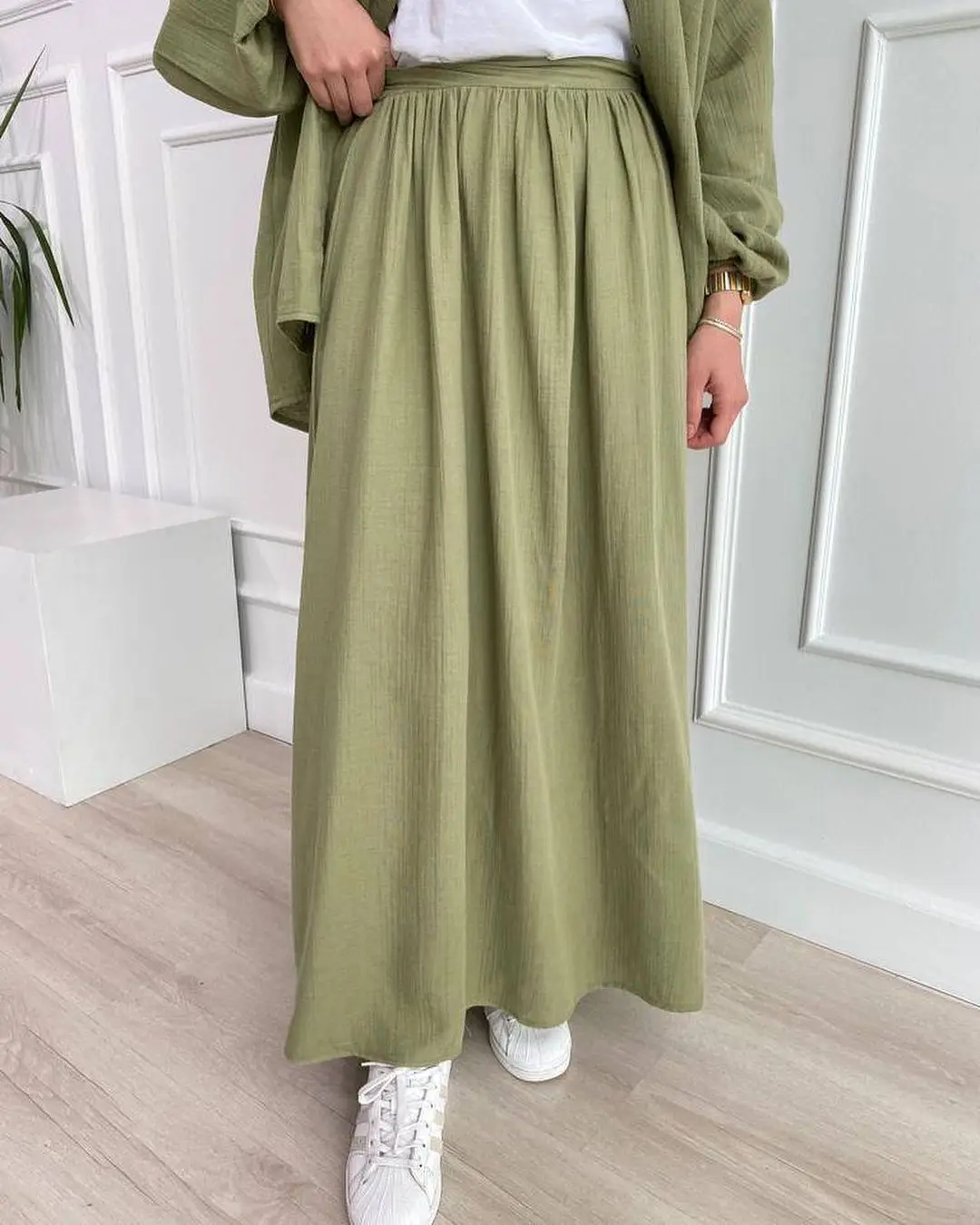 2 Piece Long Sleeve Shirt+Skirts Eid Muslim Women Elegant Sets Abaya Dubai Turkey Islamic Casual Tops Solid Color Skirt Fashion