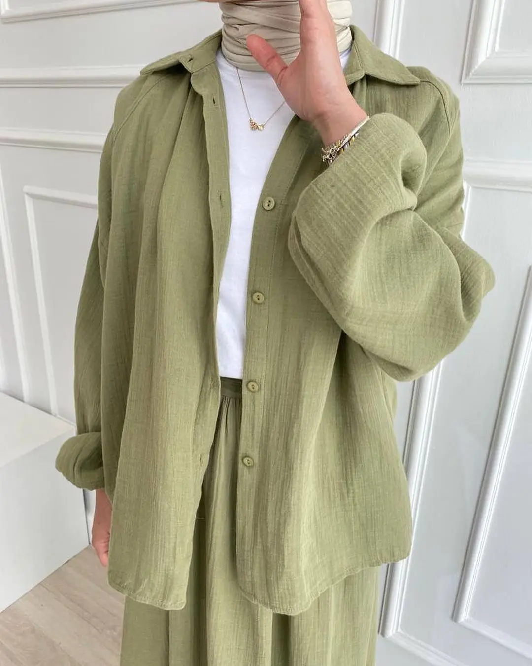 2 Piece Long Sleeve Shirt+Skirts Eid Muslim Women Elegant Sets Abaya Dubai Turkey Islamic Casual Tops Solid Color Skirt Fashion