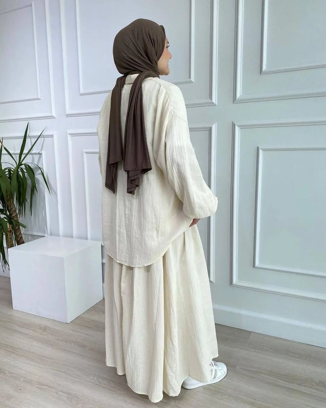 2 Piece Long Sleeve Shirt+Skirts Eid Muslim Women Elegant Sets Abaya Dubai Turkey Islamic Casual Tops Solid Color Skirt Fashion