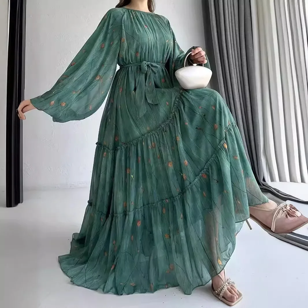 Eid Muslim Abaya Dress for Women Print Chiffon Sashes Jalabiya Kaftan Islam Vestidos Largo Arab Long Robe Ramadan Morocco Abayas