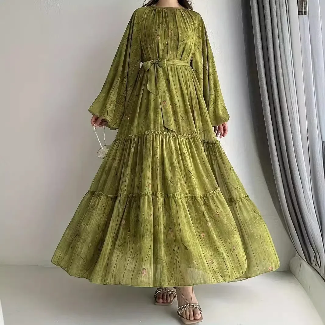 Eid Muslim Abaya Dress for Women Print Chiffon Sashes Jalabiya Kaftan Islam Vestidos Largo Arab Long Robe Ramadan Morocco Abayas