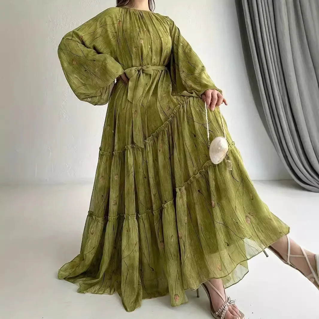 Eid Muslim Abaya Dress for Women Print Chiffon Sashes Jalabiya Kaftan Islam Vestidos Largo Arab Long Robe Ramadan Morocco Abayas