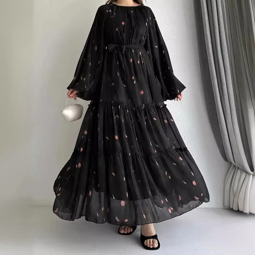 Eid Muslim Abaya Dress for Women Print Chiffon Sashes Jalabiya Kaftan Islam Vestidos Largo Arab Long Robe Ramadan Morocco Abayas
