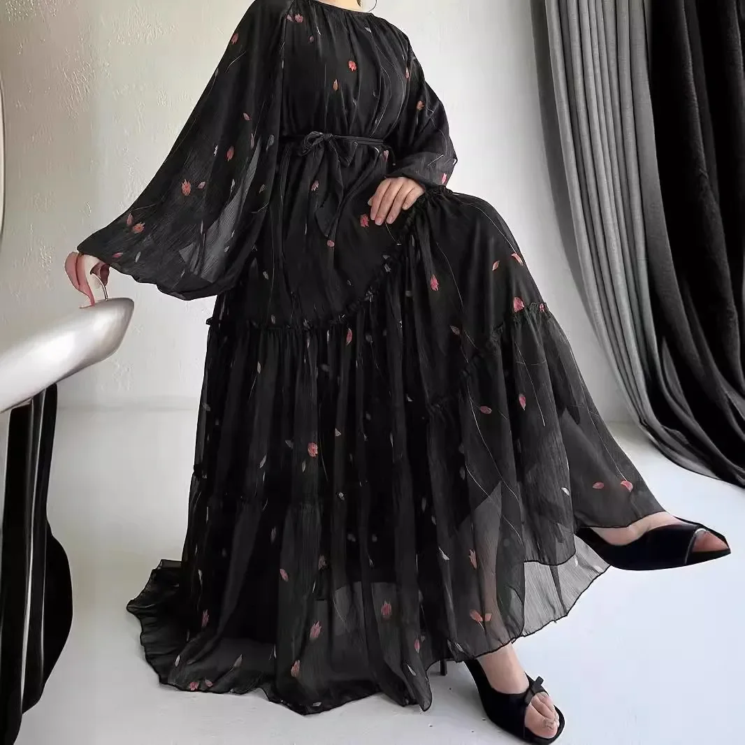 Eid Muslim Abaya Dress for Women Print Chiffon Sashes Jalabiya Kaftan Islam Vestidos Largo Arab Long Robe Ramadan Morocco Abayas