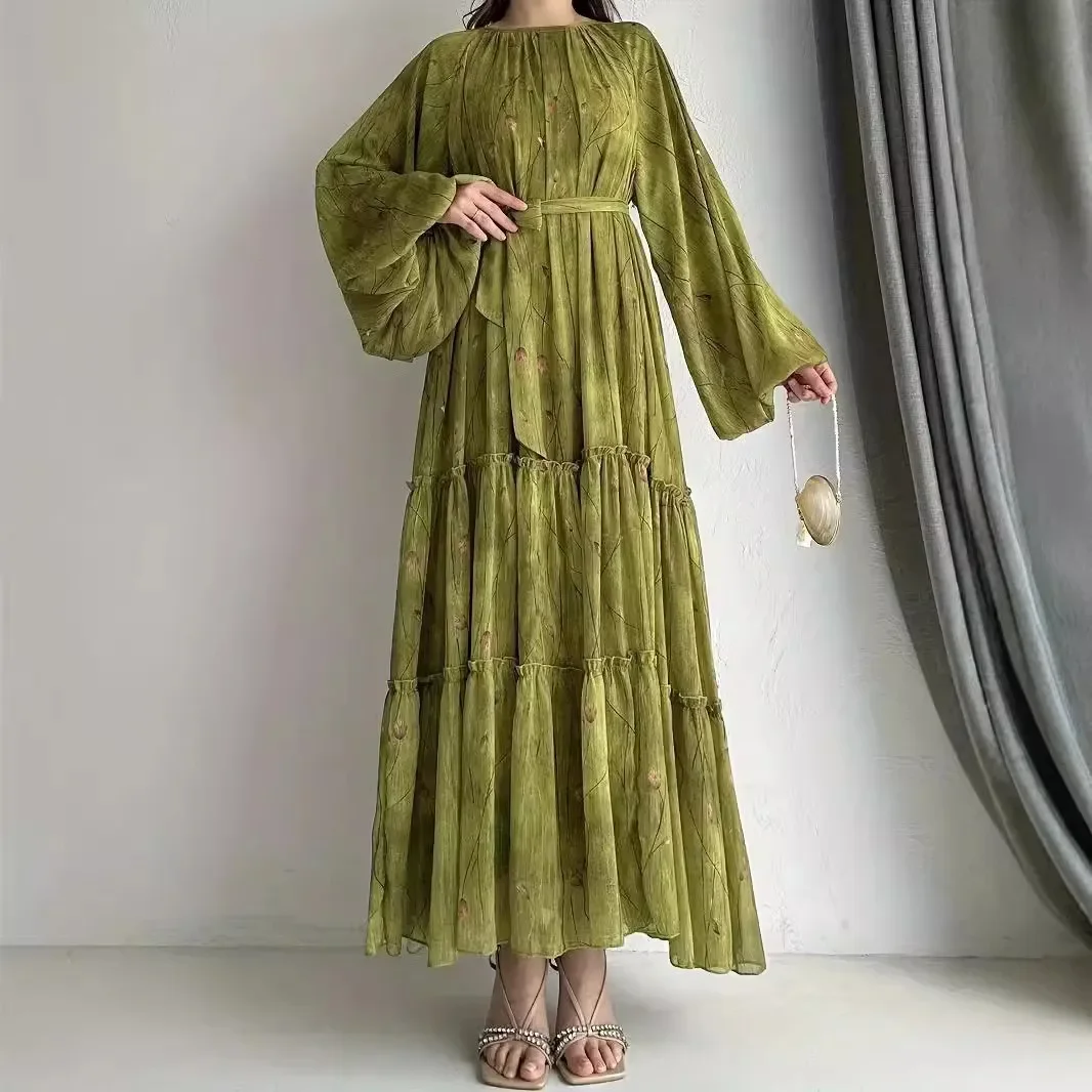 Eid Muslim Abaya Dress for Women Print Chiffon Sashes Jalabiya Kaftan Islam Vestidos Largo Arab Long Robe Ramadan Morocco Abayas