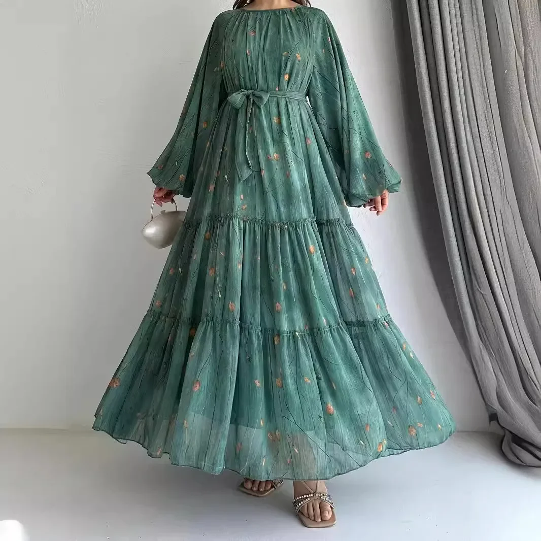 Eid Muslim Abaya Dress for Women Print Chiffon Sashes Jalabiya Kaftan Islam Vestidos Largo Arab Long Robe Ramadan Morocco Abayas