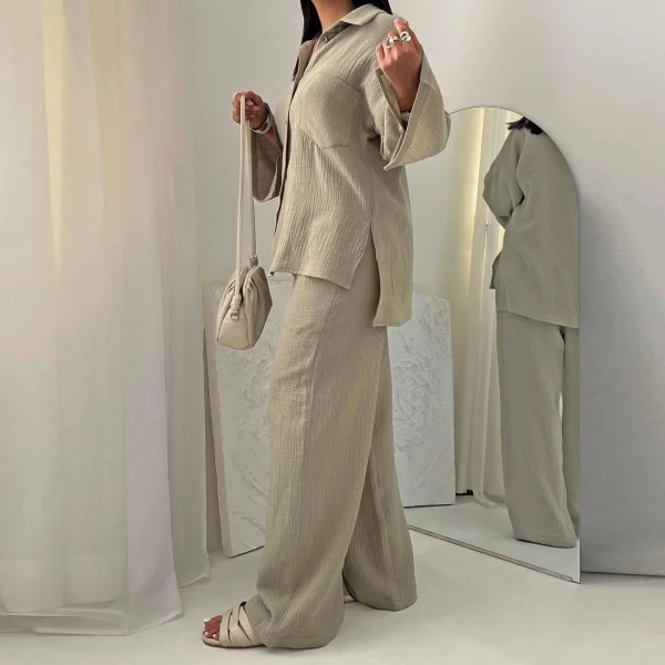 Eid Muslim Women Two Piece Set Splice Pocket Shirt Wide Leg Pants Ensemble Dubai Arab Islamic Ramadan Outfit Casual Suits