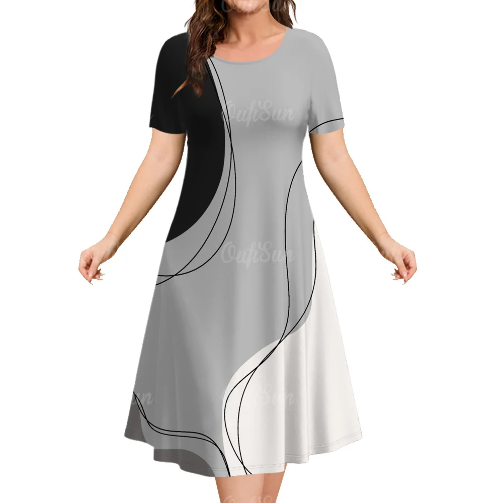3D striped printed short sleeved dress, loose fitting dress, pullover clothing, summer casual and elegant A-line skirt