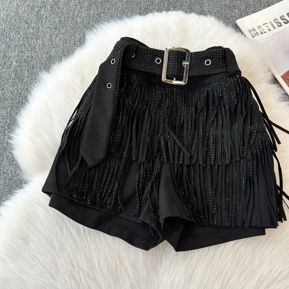 Personality Fashion Tassel Shorts Summer Women's Diamond Black Sexy Mid Waist Dance Denim Hotpants Temperament Versatile Shorts