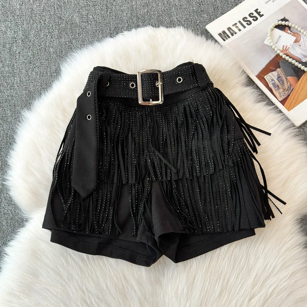 Personality Fashion Tassel Shorts Summer Women's Diamond Black Sexy Mid Waist Dance Denim Hotpants Temperament Versatile Shorts