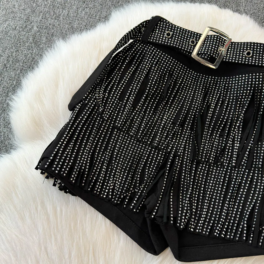 Personality Fashion Tassel Shorts Summer Women's Diamond Black Sexy Mid Waist Dance Denim Hotpants Temperament Versatile Shorts