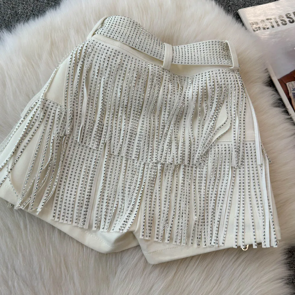 Personality Fashion Tassel Shorts Summer Women's Diamond Black Sexy Mid Waist Dance Denim Hotpants Temperament Versatile Shorts