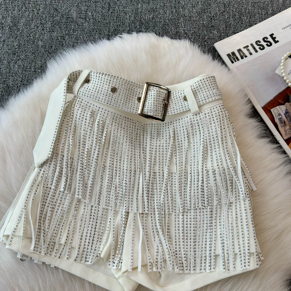 Personality Fashion Tassel Shorts Summer Women's Diamond Black Sexy Mid Waist Dance Denim Hotpants Temperament Versatile Shorts