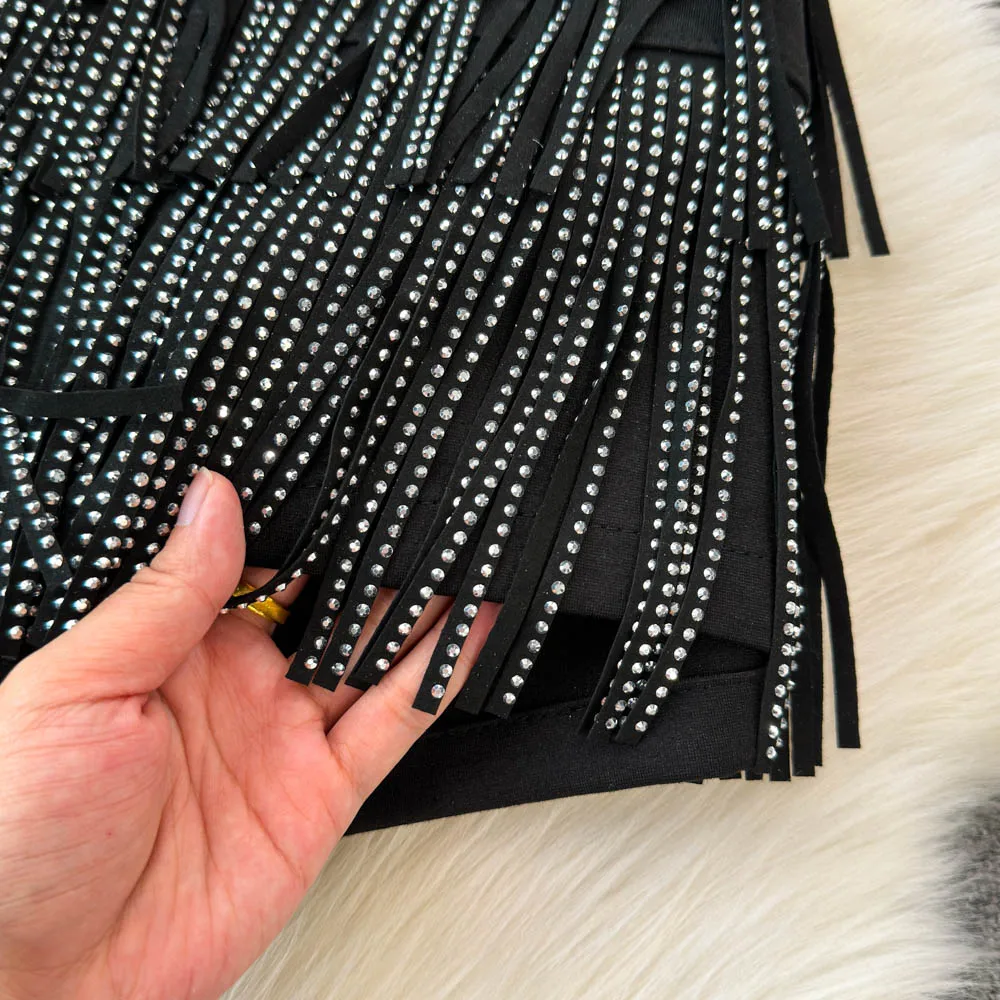 Personality Fashion Tassel Shorts Summer Women's Diamond Black Sexy Mid Waist Dance Denim Hotpants Temperament Versatile Shorts