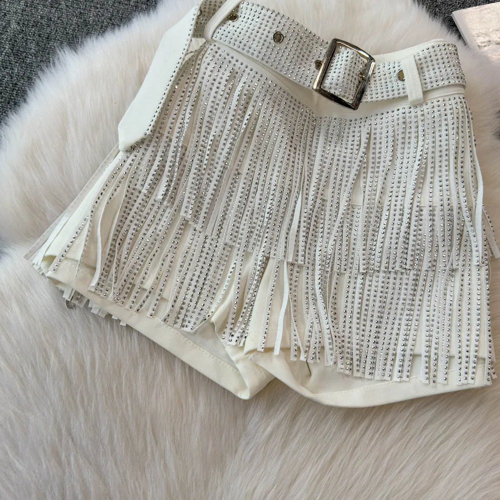 Personality Fashion Tassel Shorts Summer Women's Diamond Black Sexy Mid Waist Dance Denim Hotpants Temperament Versatile Shorts