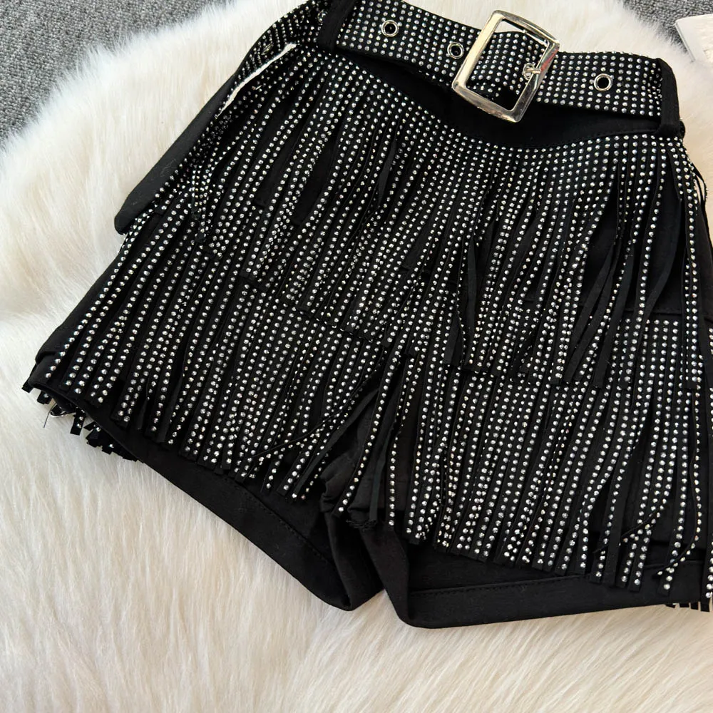 Personality Fashion Tassel Shorts Summer Women's Diamond Black Sexy Mid Waist Dance Denim Hotpants Temperament Versatile Shorts