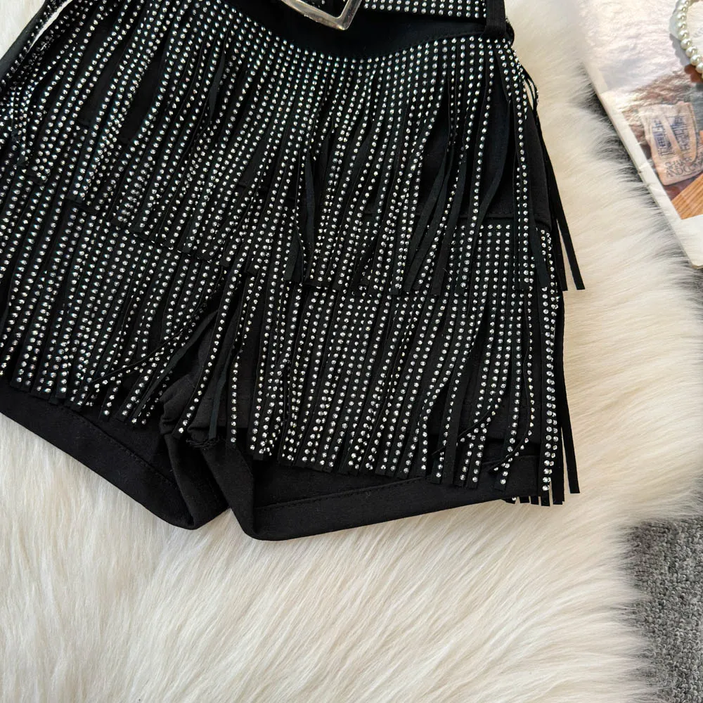 Personality Fashion Tassel Shorts Summer Women's Diamond Black Sexy Mid Waist Dance Denim Hotpants Temperament Versatile Shorts