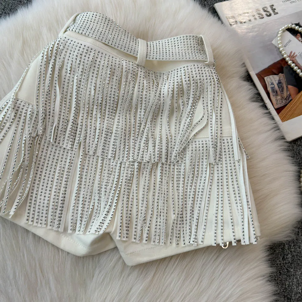 Personality Fashion Tassel Shorts Summer Women's Diamond Black Sexy Mid Waist Dance Denim Hotpants Temperament Versatile Shorts