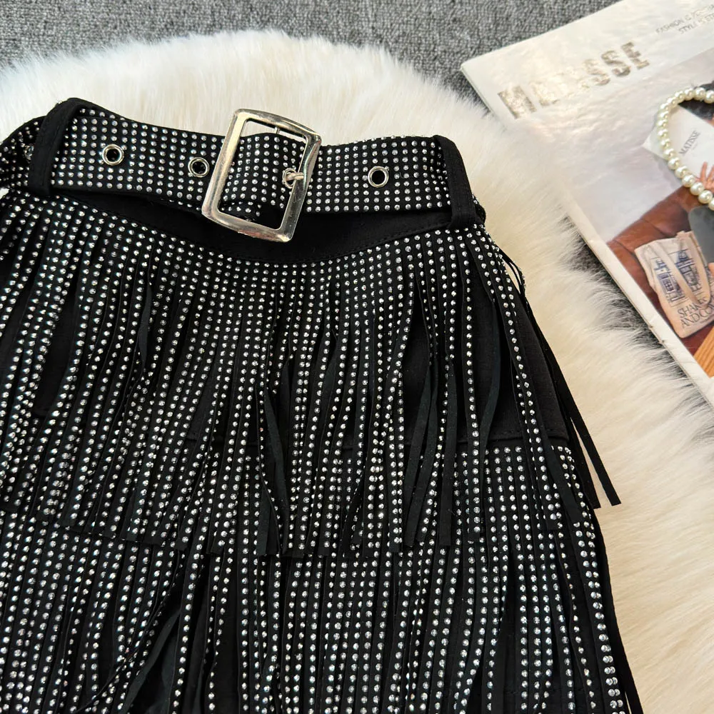 Personality Fashion Tassel Shorts Summer Women's Diamond Black Sexy Mid Waist Dance Denim Hotpants Temperament Versatile Shorts