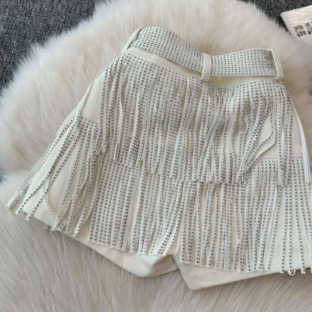 Personality Fashion Tassel Shorts Summer Women's Diamond Black Sexy Mid Waist Dance Denim Hotpants Temperament Versatile Shorts