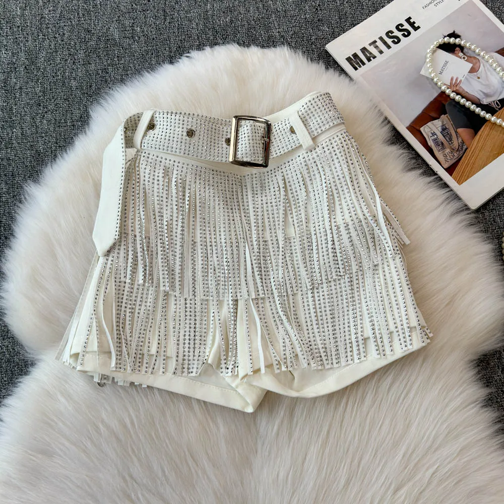 Personality Fashion Tassel Shorts Summer Women's Diamond Black Sexy Mid Waist Dance Denim Hotpants Temperament Versatile Shorts