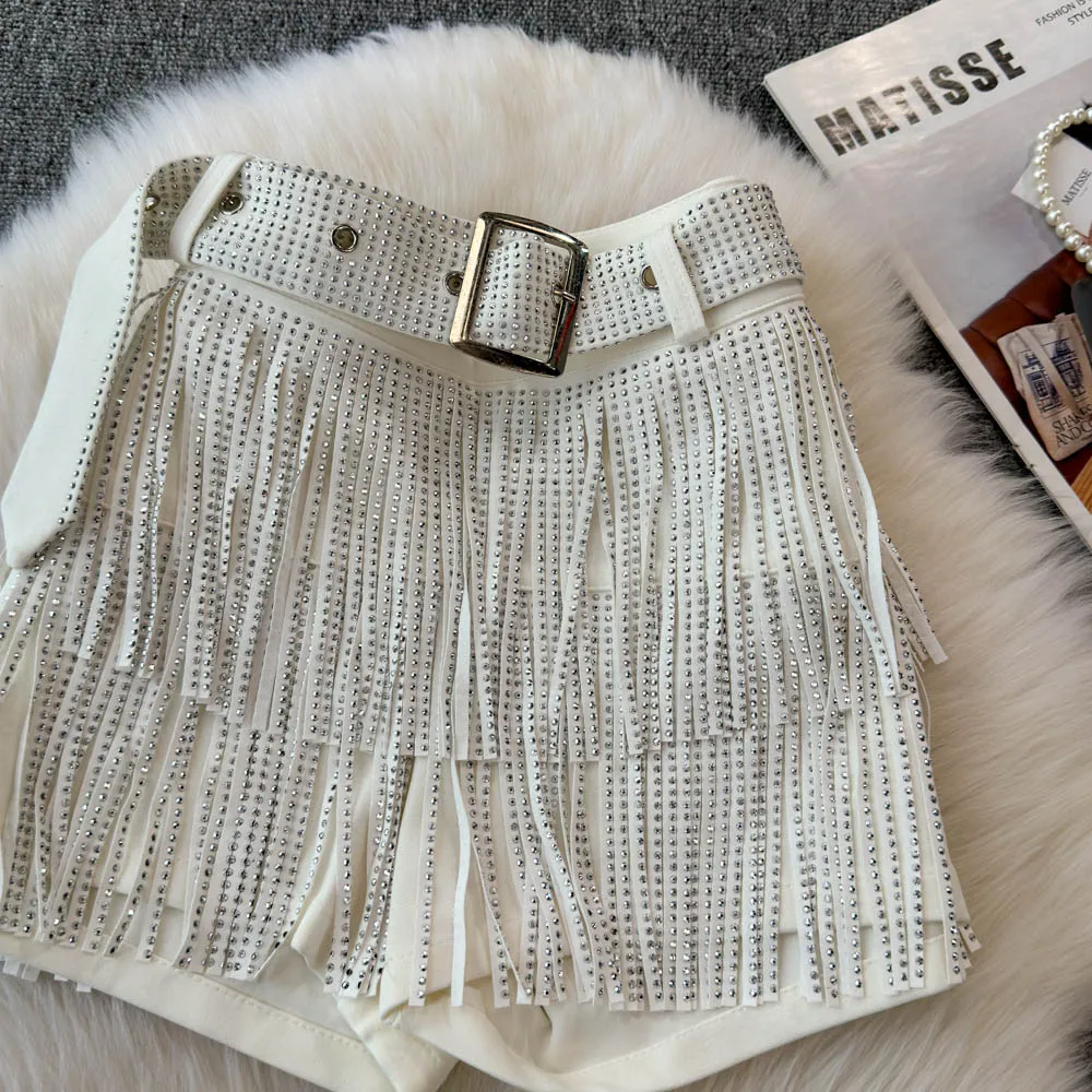Personality Fashion Tassel Shorts Summer Women's Diamond Black Sexy Mid Waist Dance Denim Hotpants Temperament Versatile Shorts